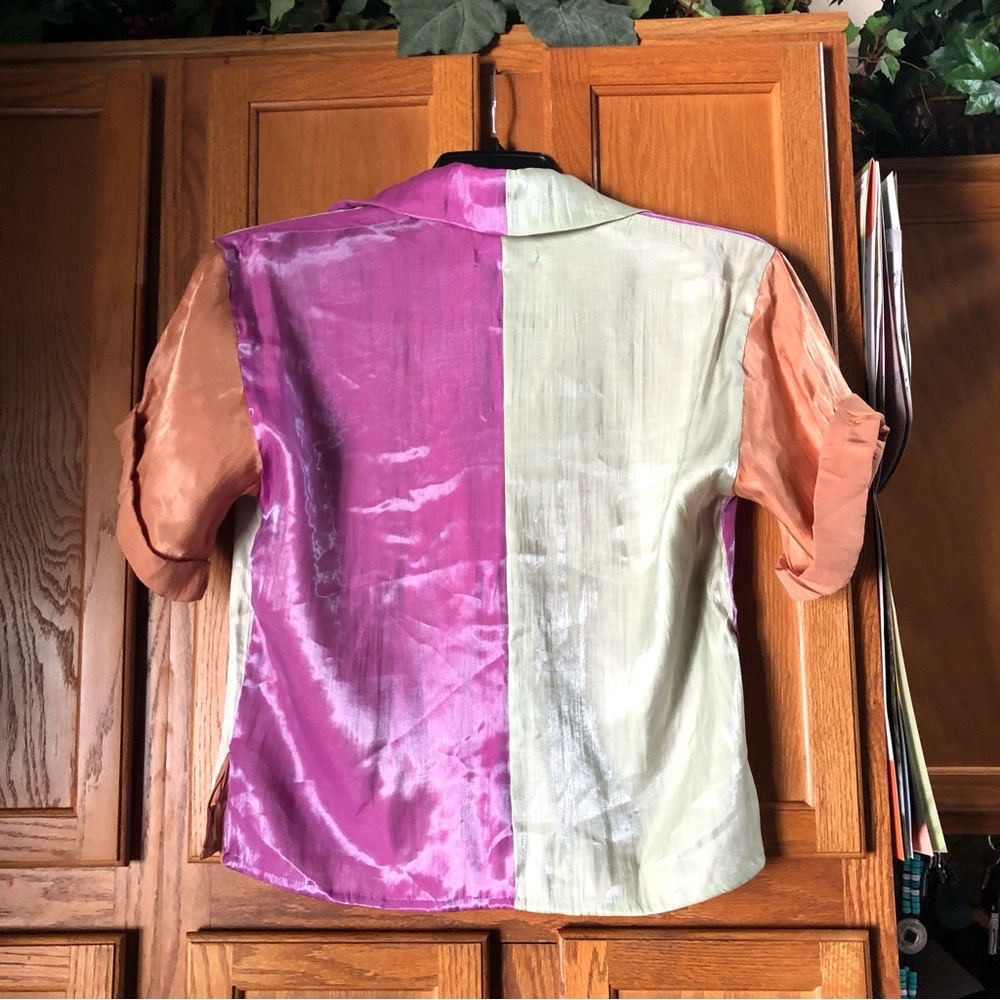 Pastiche Pink Collared Silky Color Block Button Up Blouse Size Small - Picture 11 of 16